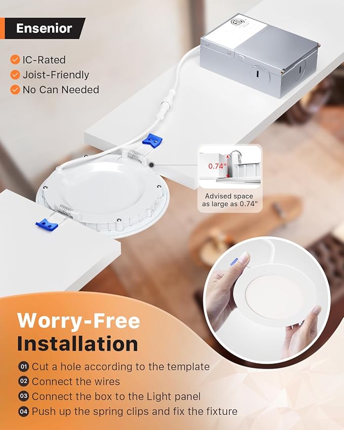 Ensenior 12 Pack 4 Inch LED Recessed Ceiling Light, Dimmable, 2700K-6000K 6CCT, 750LM 9W 120V, High Brightness Canless Wafer Downlight - ETL&FCC&IC