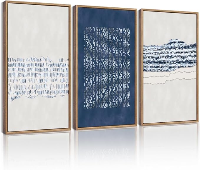 Drsoum Blue Abstract Boho Framed Wall Art Large 16x24in Minimalist Mid-Century Modern Wall Decor Geometric Artwork Kitchen Dining Room Natural Framed