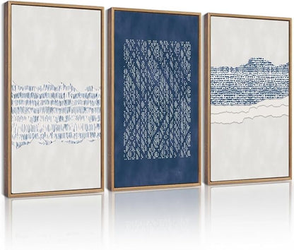 Drsoum Blue Abstract Boho Framed Wall Art Large 16x24in Minimalist Mid-Century Modern Wall Decor Geometric Artwork Kitchen Dining Room Natural Framed