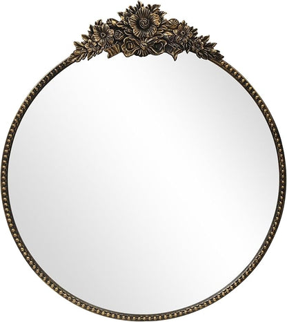 Vintage Round Mirror, 28" Baroque Style Circular Mirror, Antique Metal Frame Wall Mirror, Traditional Art Home Decor for Dressing Table, Bathroom or Bedroom,Retro Black