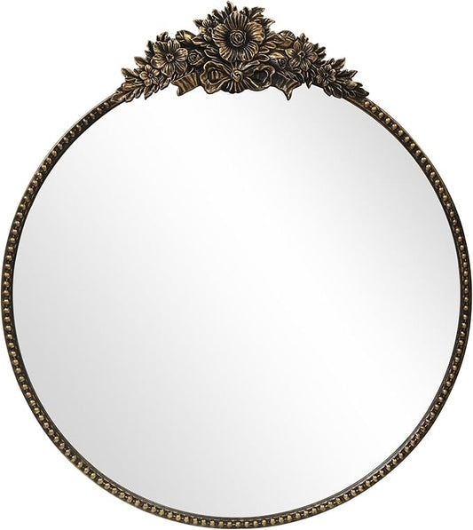 Round Baroque Style Antique Mirror, 24" Metal Circle Vintage Wall Mounted Decorative Mirror for Entryway,Bathroom,Vanity, Retro Black