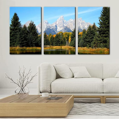 Pacimo 3 Pieces Canvas Art Wall Decor Grand Teton National Park Pictures Natural Landscape Painting Pond Prints on Canvas Modern Artwork Stretched and Framed Ready to Hang - 16"x24"x3 Panels