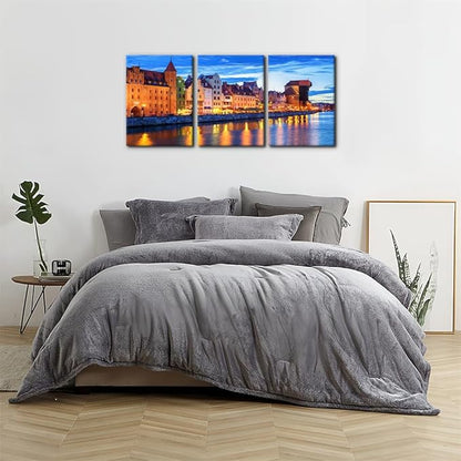 Pacimo 3 Pieces Framed Wall Art Decorations Wisla River Landscape Painting Print on Canvas Gdansk Poland Cityscape Wall Art for Home Office Decor Modern Artwork Stretch Ready to Hang - 12"x16"x3