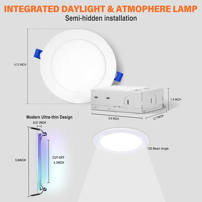 12Pack Smart RGB Recessed Lighting 4Inch,Ultra-Thin Canless LED Downlight,2.4GHz Wi-Fi Bluetooth, 2700K-6500K, 9W 2640lm,Work with Tuya App,Alexa,Google Assistant,Sync Music