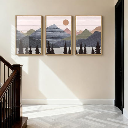 ANHUIB Mountain Framed Wall Art 16x24 Inch Large Nature Wilderness Art Print Abstract Landscape Painting Set of 3 for Living Room Bedroom Office