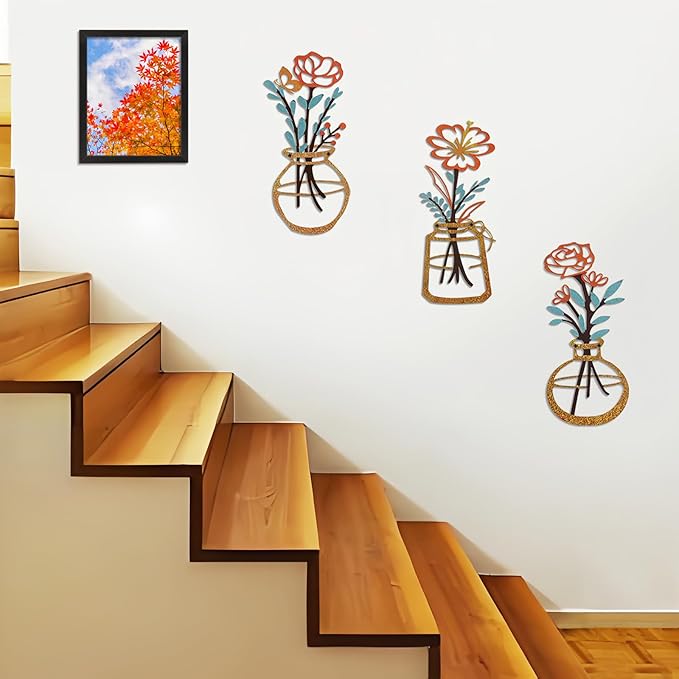 Metal-Wall-Decor Living Room - 3 Pcs Metal Bathroom Wall Art Floral Vase and Picture Frame for Decoration- Hanging Display Wall Decor Art for Home Dining Room Bedroom Kitchen Farmhouse,Orange