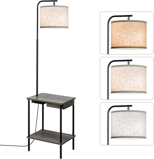 EOEYYOYB Floor Lamp with Table & Drawers, End Table Lamp with USB Charging Portt Power Outlet and Shelves, Side Table Reading Light with 3 Color Temperature Led Bulb Included for Living Room, Gray
