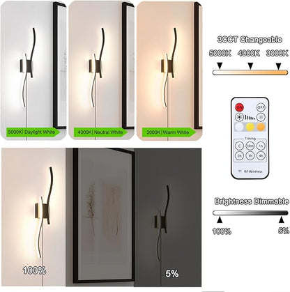 Daunton Modern Plug in Wall Sconce Set of 2, Black Dimmable LED Wall Light with Remote Control, 3CCT Adjustable & Memory Function, Timer, Plug in Cord Wall Lamp for TV Wall Living Room Hallway Bedroom