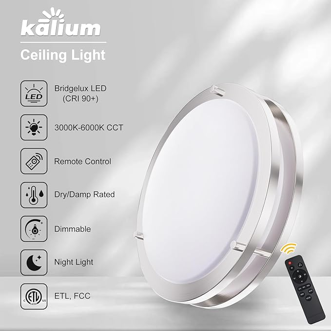 Kalium LED Ceiling Light with Remote 2Pack 12 Inch Flush Mount Ceiling Light Fixture, 18W 3000K-6000K Adjustable Color Temperature, Dimmable Lighting Fixtures for Kitchen Bedroom. Hardwired.