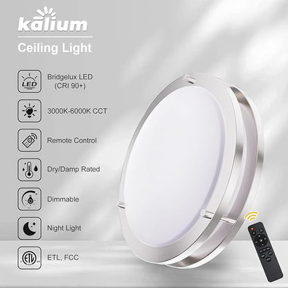 Kalium LED Ceiling Light with Remote 12 Inch Flush Mount Ceiling Light Fixture, 18W 3000K-6000K Adjustable Color Temperature, Dimmable Lighting Fixtures for Kitchen Bedroom Hardwired Installation