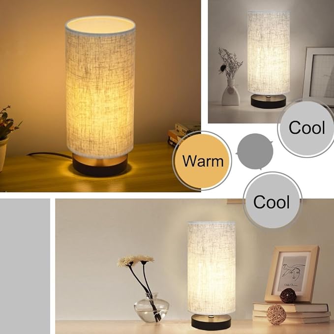 lifeholder Table Lamp, Bedside Nightstand Lamp, Simple Desk Lamp, Fabric Wooden Table Lamp for Bedroom Living Room Office Study, Cylinder Black Base