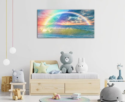 DJSYLIFE Rainbow Wall Decor - Ocean Canvas Wall Art Modren for Girls Room Seascape View Wave Painting Artwork Home Living Room Bedroom Bathroom Decorations Framed Ready to Hang 20" x 40"