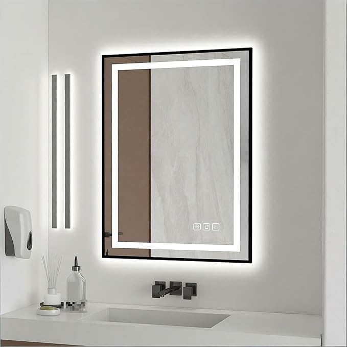 20x28 inches Rectangular Aluminum Black Framed LED Mirror, Smart Bathroom Mirror with Lights, Anti-Fog, Tempered Glass, 3 Colors Dimmable, Front and Backlit, Wall Mounted, Memory