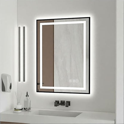 20x28 inches Rectangular Aluminum Black Framed LED Mirror, Smart Bathroom Mirror with Lights, Anti-Fog, Tempered Glass, 3 Colors Dimmable, Front and Backlit, Wall Mounted, Memory