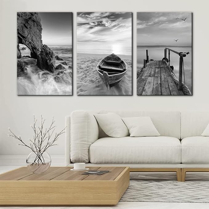 Pacimo 3 Panels Set Framed Canvas Wall Art Print for Seascape Beach and Boat Sunrise Scenery Black and White Giclee Canvas Print Modern Artwork for Wall Decor Ready to Hang - 16"x24"x3 Panels