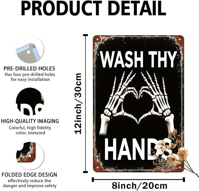 Wash Thy Hands Skeleton Metal Tin Sign Halloween Decor Vintage Wall Art Rustic Bathroom Kitchen Entryway Home Decorative Signs Metal Poster 8x12 Inch