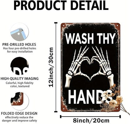 Wash Thy Hands Skeleton Metal Tin Sign Halloween Decor Vintage Wall Art Rustic Bathroom Kitchen Entryway Home Decorative Signs Metal Poster 8x12 Inch