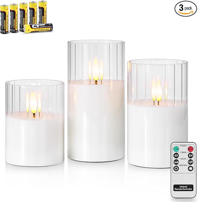 Rhytsing Clear Ribbed Glass Battery Operated LED Candles with Remote, White Flameless Candle Gift Set with Timer for Weddings and Churches, Warm White Light- 6 Batteries Inclued - Set of 3