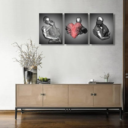 Framed 3 Pcs Love Heart 3d Wall Art Metal Sculpture Romantic Couple Abstract Art Prints Posters Decor Grey Black and White Canvas Printsfor Bedroom Living Room Bathroom Hotel Valentine'S Day ready to