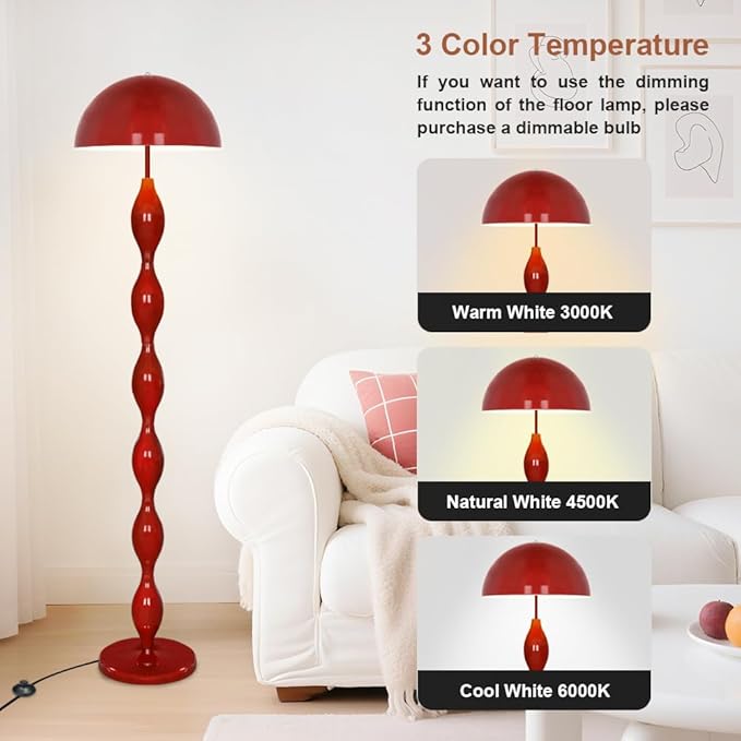 Floor Lamp Creative Mushroom Lamp, Creamy Style Modern Tall Lamp with Foot Switch, Red Standing Lamp for Living Room, Bedroom, Office, Corner, E26/E27 Bulbs Compatible