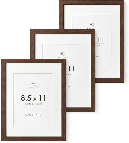 8.5x11 Picture Frame, Solid Oak 8.5by11 Frame with Mat to 6x8(Openning Size is 5.6x7.6), 11x8.5 Natural Wood Frames for Wall and Tabletop Display, (Walnut Set of 3)