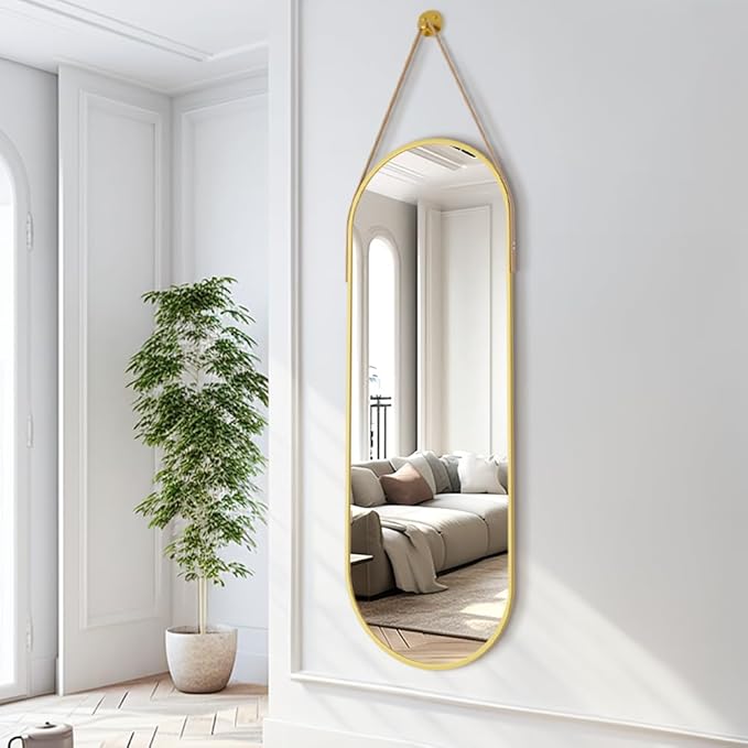 Dewfig 16"x48" Oval Full Length Mirror with Leather Strap Hanging Mirror with Aluminum Frame, Oval Gold Wall-Mounted Mirrors for Living Room Bedroom Entryway Décor, Gold