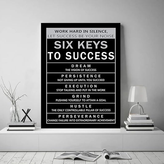 Six Keys to Success Motivational Framed Office Art Execution Grind Hustle Verbs Artwork Inspirational Gift for Men Easy to Hang-18 inch x 24 inch