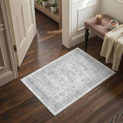 GENIMO 8x10 Area Rugs for Living Room, Machine Washable Non Slip Vintage Rugs, Low Pile Lightweight Chenille Print Rug for Bedroom, Dining Room, Home Office, Grey
