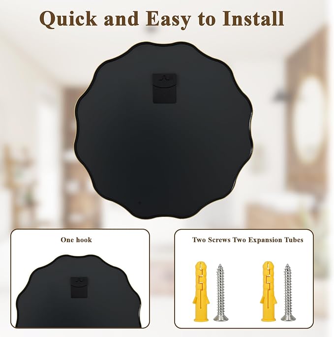 VooBang Gold Scalloped Circle Mirror, 20" Wavy Edge Round Wall Mirror with Tempered Glass Textured Circular Metal Deep Frame, Hanging Leaning for Bathroom, Hallway, Entryway, Livng Room