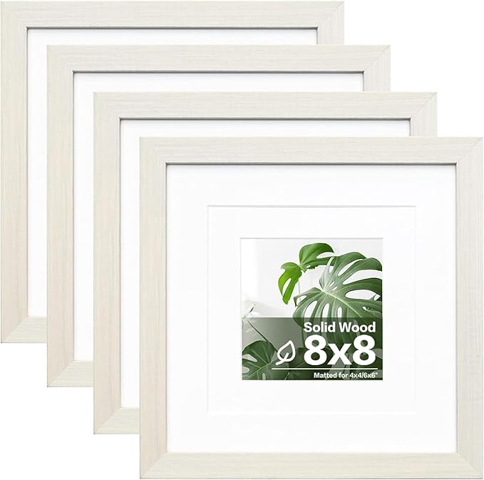 Egofine 8x8 Picture Frames Made of Solid Wood with Plexiglass, Display Pictures 4x4/6x6 with Mat or 8x8 Without Mat Set of 4 for Tabletop and Wall Mounting, Beige