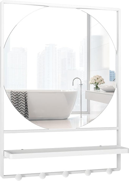 21" X 28" Wall Mirror with Shelf and Hooks,Entryway Mirror with Hooks, Metal Framed Bathroom Mirror with Shelf for Bathroom, Bedroom, Living Room (White, 21 x 28)