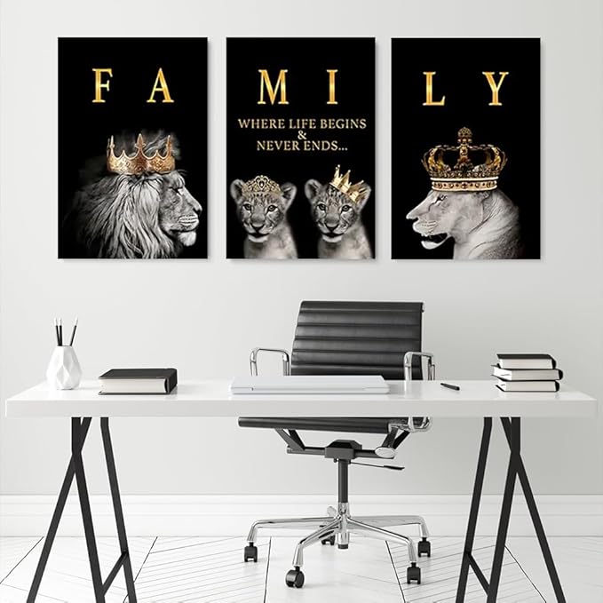 GUBIYU Family Wall Decor - Black Gold Motivational Prints Lions Art for Living & Dining Room - 16"x24"