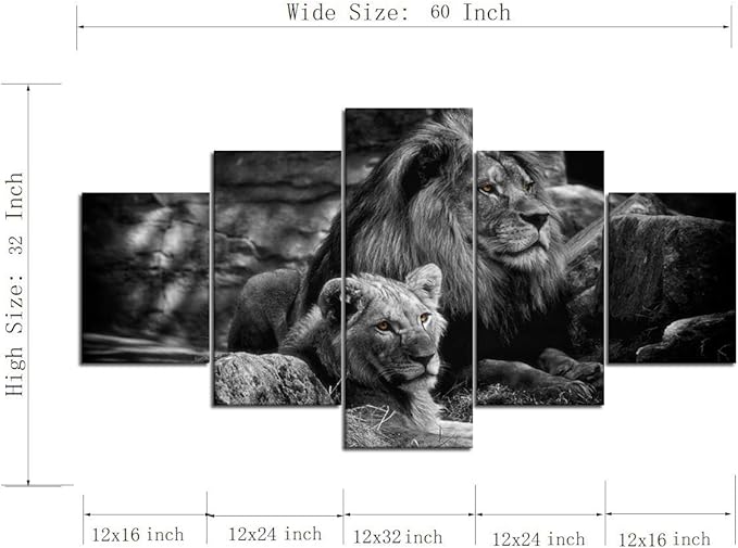 Framed Lion Pictures Wall Decor Modern 5 Panels White Black Lions Canvas Wall Art Easy to Hang Animal Posters for Living Room Bedroom Decor - 60''W x 32''H