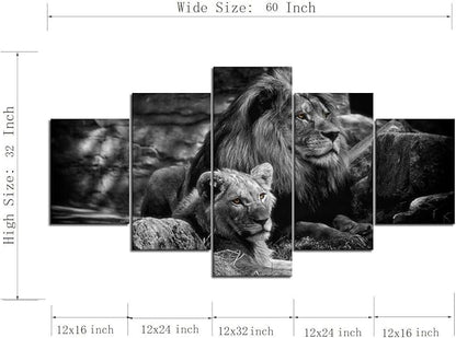 Framed Lion Pictures Wall Decor Modern 5 Panels White Black Lions Canvas Wall Art Easy to Hang Animal Posters for Living Room Bedroom Decor - 60''W x 32''H