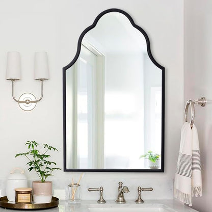 Chende Black Bathroom Mirror for Over Sink, 32"X20" Arched Mirrors with Scalloped Wooden Frame, Elegant Decorative Mirror for Living Room, Dining Room, Entryway