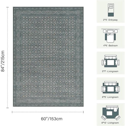 Area Rugs 5x7, Washable Rugs for Living Room, Vintage Boho Light Blue Rug for Dining Room, Dining Room, Kids Room and Farmhouse, Durable Low Pile Non-Slip Area Rug for High Traffic Areas(Blue)