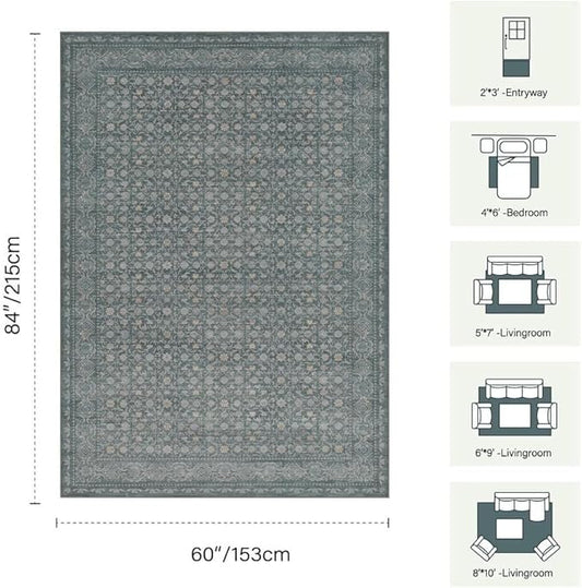 Area Rugs 5x7, Washable Rugs for Living Room, Vintage Boho Light Blue Rug for Dining Room, Dining Room, Kids Room and Farmhouse, Durable Low Pile Non-Slip Area Rug for High Traffic Areas(Blue)
