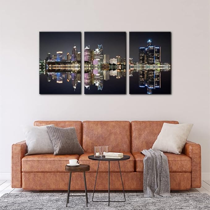 Pacimo 3 Pieces Panoramic Detroit Cityscape Picture Black and White Michigan Night Skyline Canvas Art Prints Wall Decoration for Bedroom Office Stretched and Framed Ready to Hang - 16"x24"x3 Panels