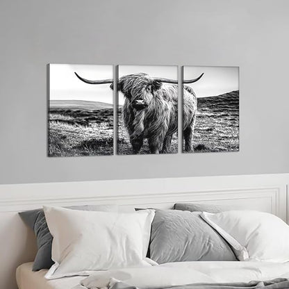 Yatsen Bridge Vintage Highland Cow Canvas Wall Art Black and White Hairy Cow Poster Farmhouse Animal Rustic Art Wall Decor for Apartment Living Room Bedroom Country House Decor 12x16inchx3pcs