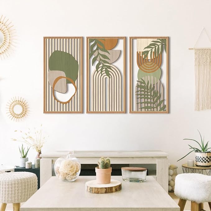 IARTTOP Large Boho Mid-century Modern Wood Wall Art 16x32 Inch Framed Green Abstract Leaf Wooden Wall Decor Bohemian Minimalist Geometric Wall Art Decor for Bedroom Living Room Office Set of 3