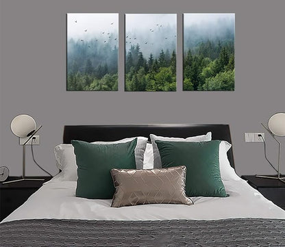 Green Forest Wall Art Tropical Forest Mountain Bird Contemporary Canvas Pictures Modern Artwork Framed for Bathroom Bedroom Nursery Living Room Home Office Kitchen Wall Decor 16" x 24" 3 Pieces