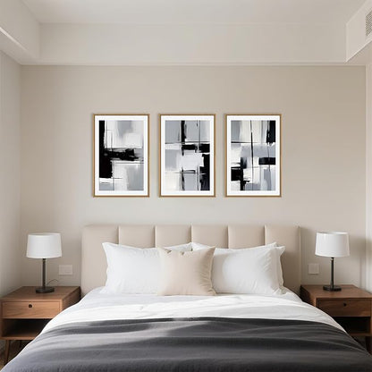 HPNIUB Black Grey Modern Abstract Framed Canvas Wall Art Neutral Minimalist Brush Prints Wall Decor,Mid-Century Geometric Line Artwork for Living Room,Bedroom,Office Decor-16''x24''x3