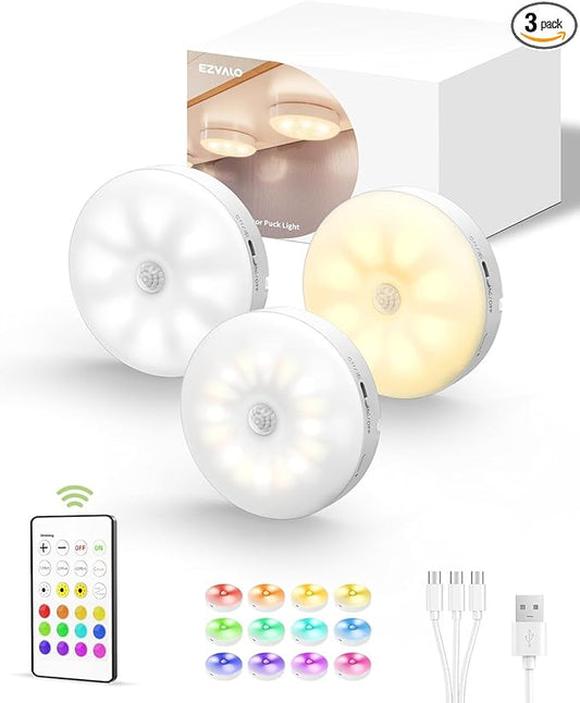 EZVALO Under Cabinet Lighting, 1000mAh Rechargeable Puck Lights with Remote, 3 Color Temps & 12 RGB Motion Sensor Closet Lights, Dimmable Under Cabinet Lights for Kitchen, Cabinets, Closet (3 Packs)