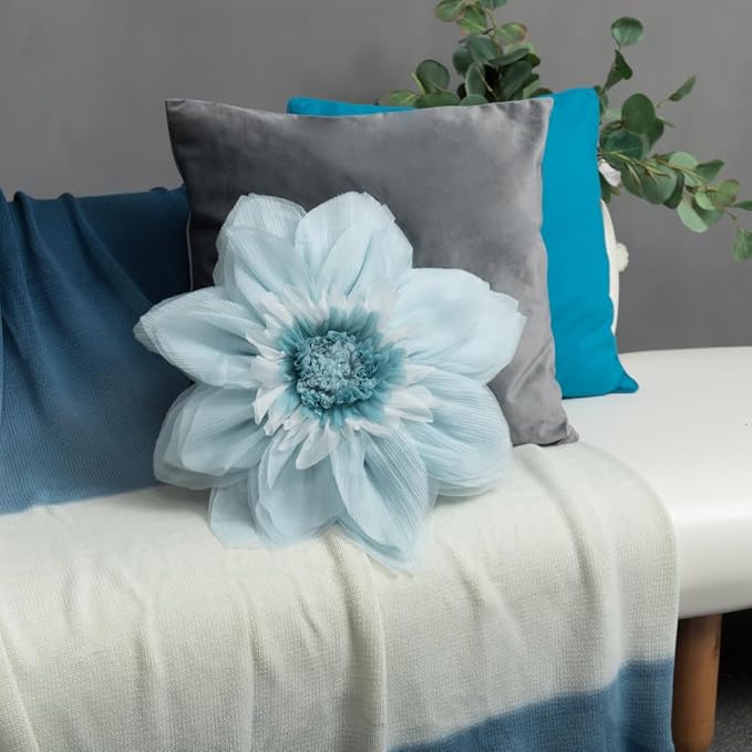 Light Blue Decorative 3D Round Flower Pillow Handmade Cute Floral Summer Throw Pillow with Insert Satin Accent Cushion for Sofa Bed Couch Living Room Brdroom Boho Home Decor 12 Inch