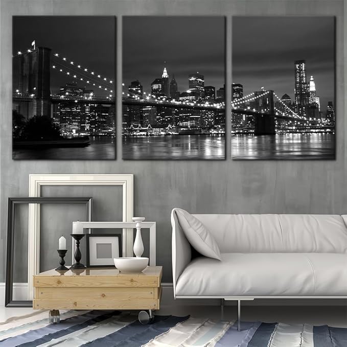 Pacimo New York Brooklyn Bridge Canvas Wall Art 3 Panels Night View Modern Landscape Artwork Cityscape Pictures Prints on Canvas Wall Decor for Home & Office Decoration - 20"x28"x3