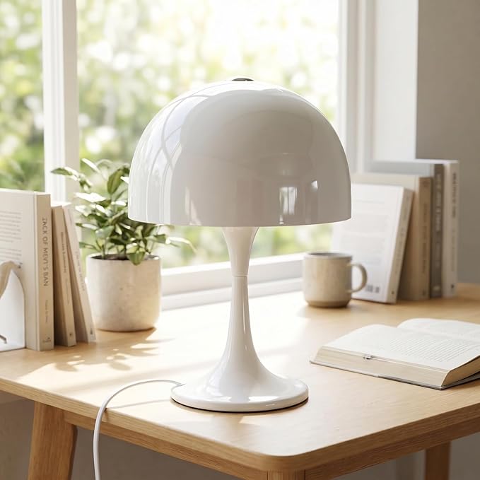 Modern Sleek Table Lamp for Bedroom, 3-Light LED End Table Lamp for Living Room, Office, Milky White Acrylic Shade Metal Mushroom Desk Lamp for Bedside Night Light, White Base