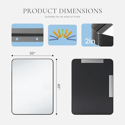 Bathroom Mirror for Wall, 40x30 Inch Rectangle Mirror, Matte Black Metal Framed Bathroom Vanity Mirror for Restroom Farmhouse, Anti-Rust, Tempered Glass, Horizontally or Vertically Hanging