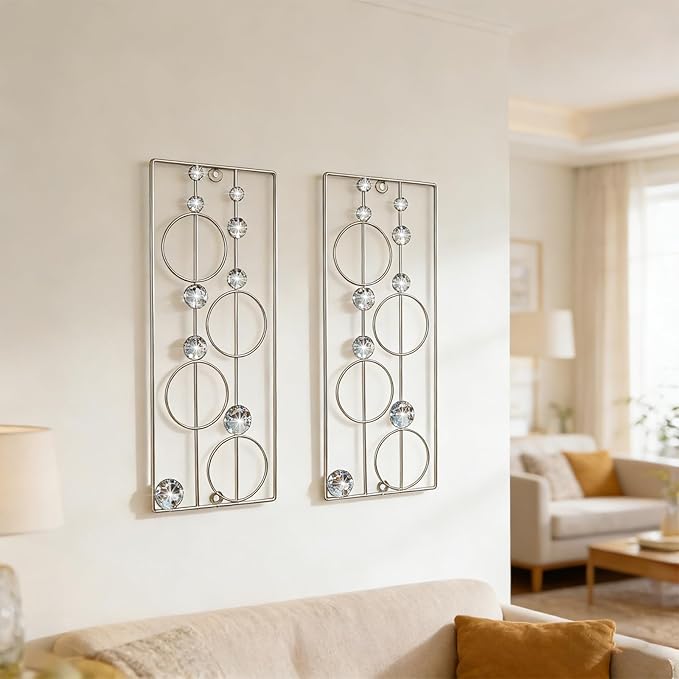 ZEXUIRU 2 Pack Bling Abstract Metal Wall Art Minimalist Line Jeweled Crystal Wall Decor Modern Geometric Rhinestone Hanging Wall Sculpture for Living Room Bedroom Bathroom Office
