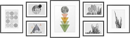 Golden State Art, Aluminum Gallery Wall Frame Set of 7 - Includes One 11x14, Two 8x10, and Four 5x7 - Metal Frames with Mat & Real Glass Cover for Elegant Home or Office Decor (Style 2, Black)