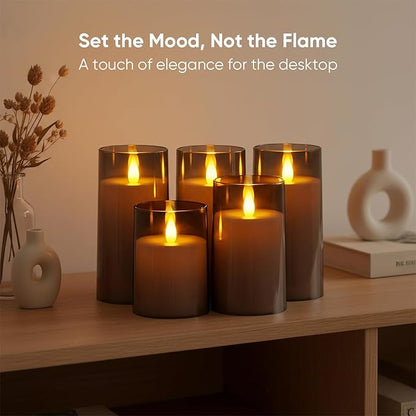 Amagic 3"×4" 5" 6" 6" 6" Gray Flameless Candles with Remote and Timer, Realistic Flickering Battery Operated Acrylic Led Fake Candles for Home Wedding Party Fall Christmas Decor, Set of 5